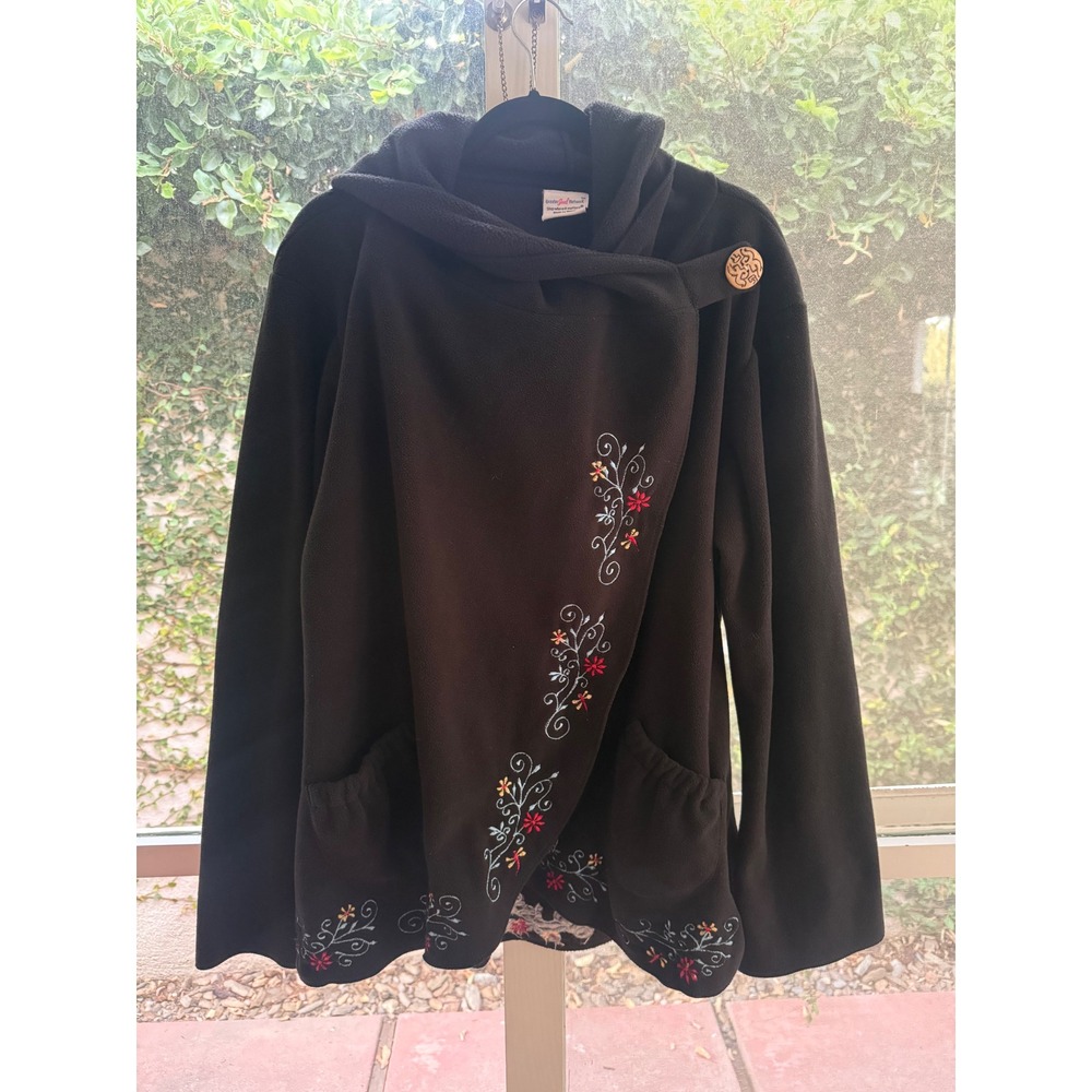 Vintage Greater Good Network Boho Embroidered Wrap Hooded Fleece Jacket Black